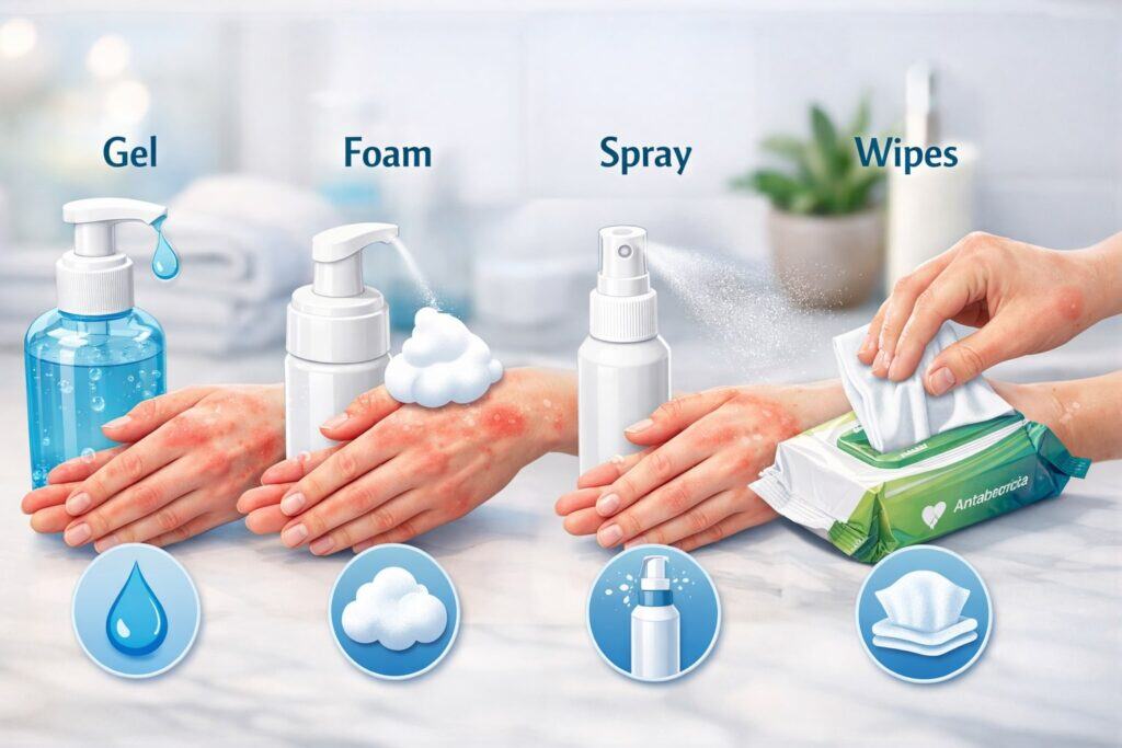 Gel vs Foam vs Spray vs Wipes: Which Format Is Best for Sensitive Hands?