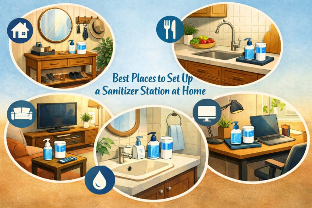 Illustration of sanitizer stations placed in home entryway, kitchen, living room, bathroom, and home office with hygiene icons