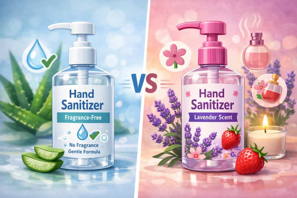 Fragrance-free vs scented hand sanitizer comparison illustration showing aloe-based gentle formula on one side and floral-scented sanitizer with fragrance elements on the other
