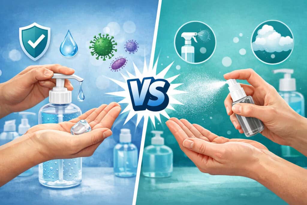 Illustration comparing gel and spray hand sanitizers showing hands applying gel from a pump bottle and spray mist from a sanitizer bottle with germ protection icons in the background