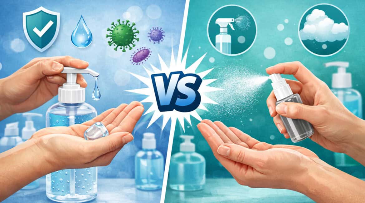 Illustration comparing gel and spray hand sanitizers showing hands applying gel from a pump bottle and spray mist from a sanitizer bottle with germ protection icons in the background