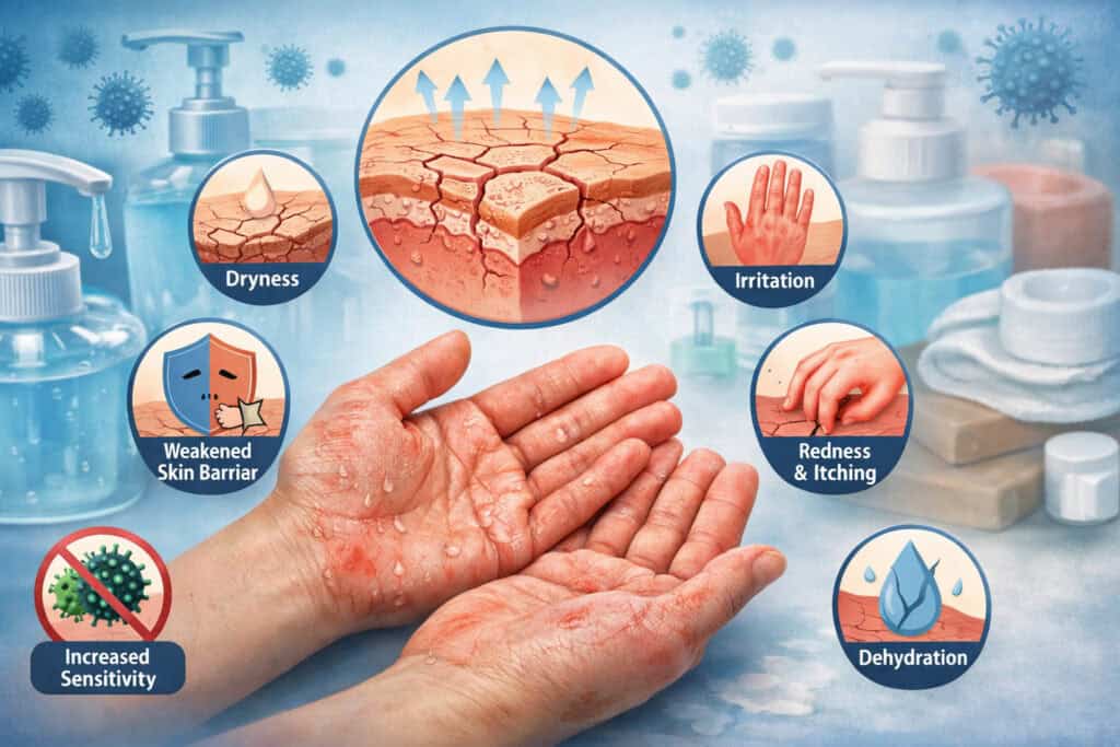 Illustration of dry, irritated hands with visible redness and cracks surrounded by icons showing effects of frequent sanitizer use like dryness, skin barrier damage, and dehydration