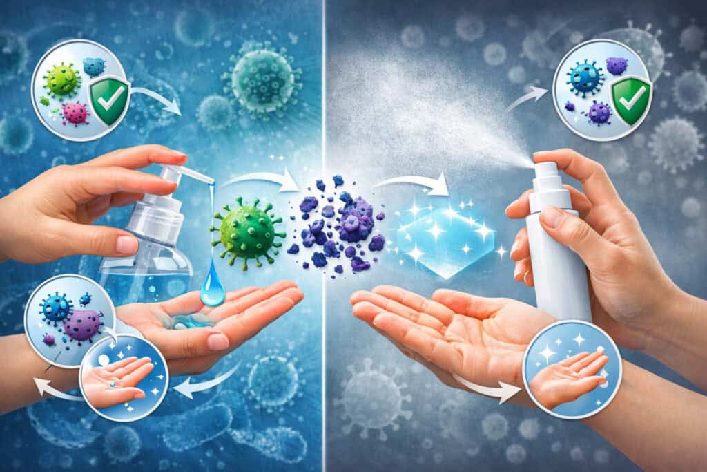 Illustration showing how gel and spray sanitizers eliminate germs, with hands applying sanitizer and visual icons of bacteria being neutralized and removed