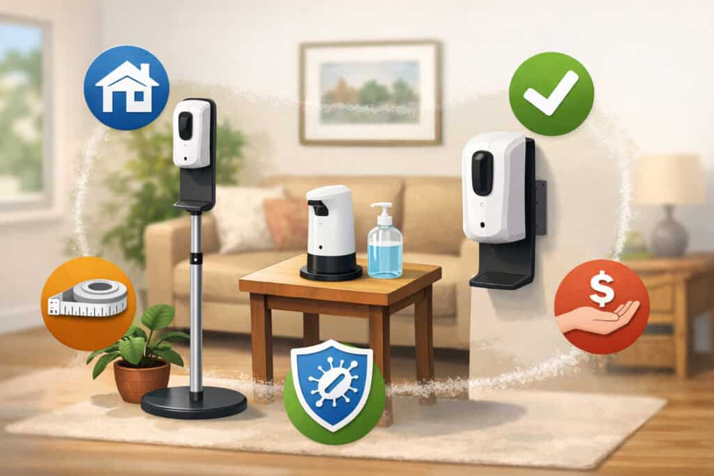 Home hand sanitizer setup comparison showing freestanding stand, tabletop dispenser, and wall-mounted unit with hygiene and convenience icons in a living room setting