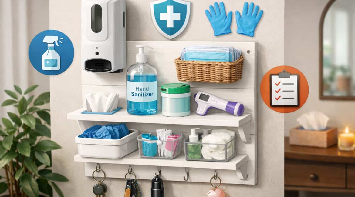 DIY home sanitizer station with organized shelves, hand sanitizer dispenser, masks, gloves, and hygiene essentials in a clean, minimal setup
