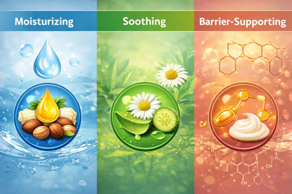 Illustration showing moisturizing, soothing, and barrier-supporting skincare ingredients with water droplets, botanical elements, and cream textures in three distinct sections