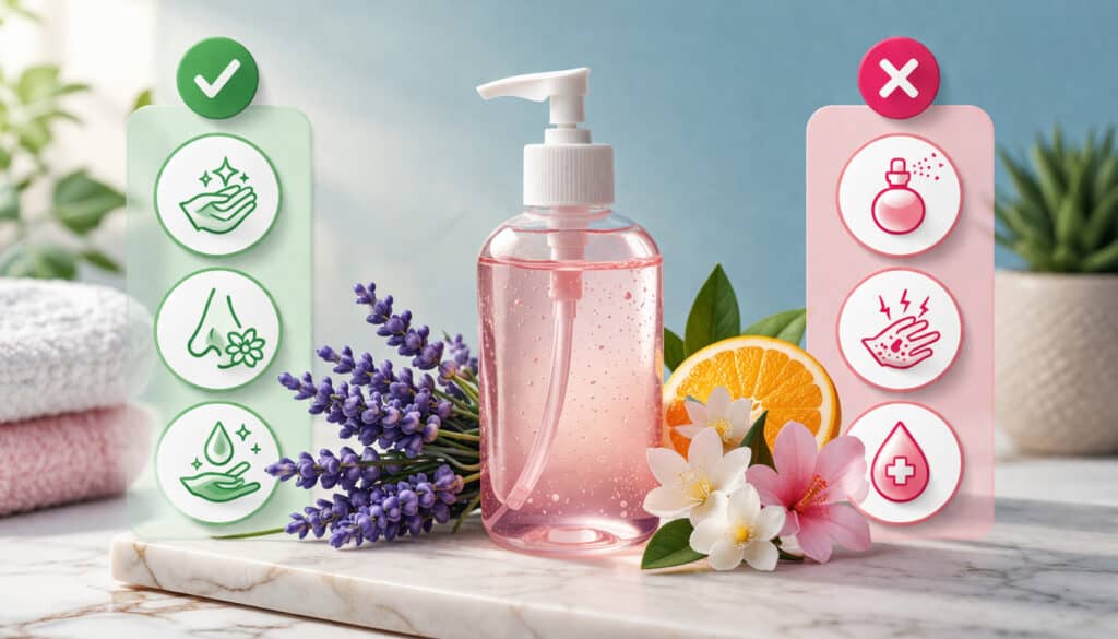 Scented hand sanitizer bottle with floral and citrus elements, illustrating pros and cons with clean hygiene and skin irritation icons in a modern infographic style