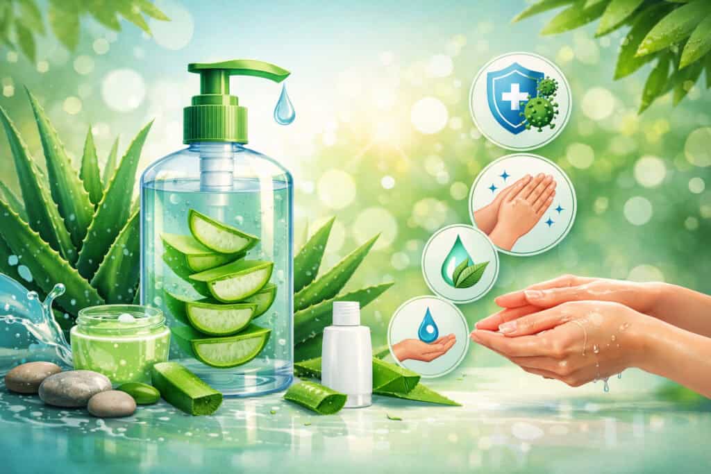 Aloe vera hand sanitizer bottle with fresh aloe leaves, hydration droplets, and hygiene icons illustrating skin protection and moisturizing benefits
