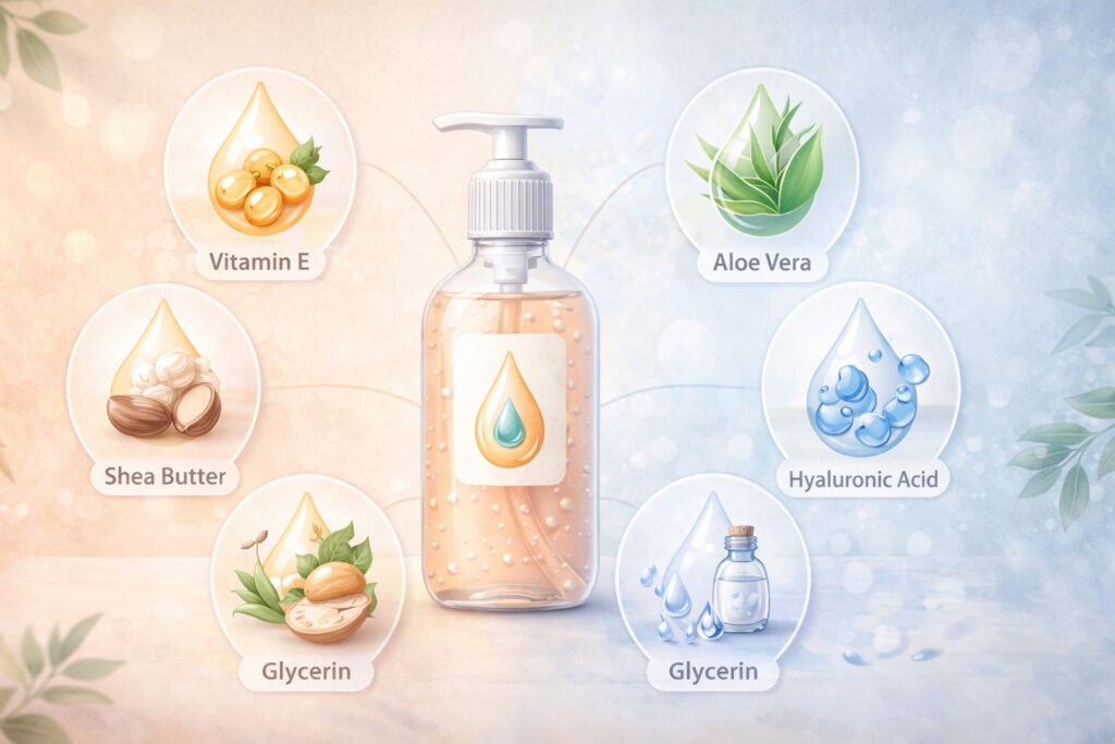 Hand sanitizer bottle surrounded by moisturizing ingredients like aloe vera, vitamin E, shea butter, glycerin, and hyaluronic acid, illustrated with natural elements and hydration icons in a clean infographic style