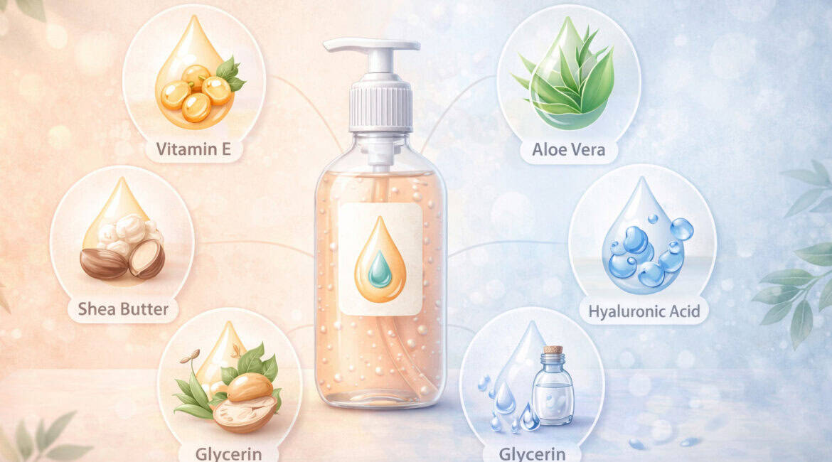 Hand sanitizer bottle surrounded by moisturizing ingredients like aloe vera, vitamin E, shea butter, glycerin, and hyaluronic acid, illustrated with natural elements and hydration icons in a clean infographic style