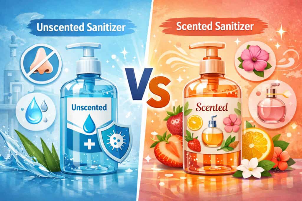 Illustration comparing unscented vs scented hand sanitizers with fragrance-free and floral citrus elements