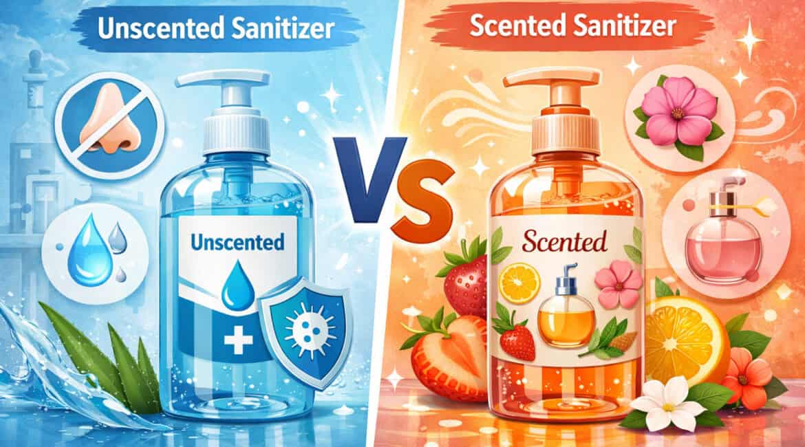 Illustration comparing unscented vs scented hand sanitizers with fragrance-free and floral citrus elements
