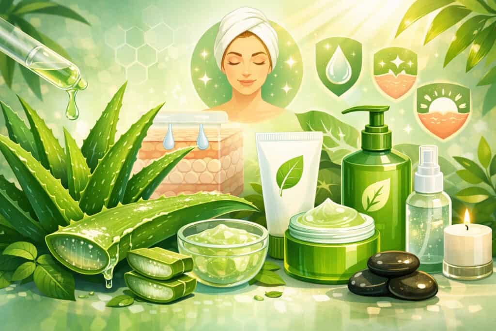 Illustration of aloe vera plant with gel, surrounded by skincare products like creams, serum bottles, and natural beauty icons highlighting hydration and skin nourishment benefits