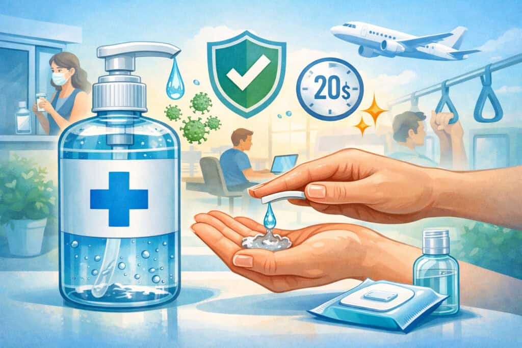 Illustration of gel hand sanitizer bottle with people using sanitizer in public places, highlighting hygiene, germ protection, and everyday convenience