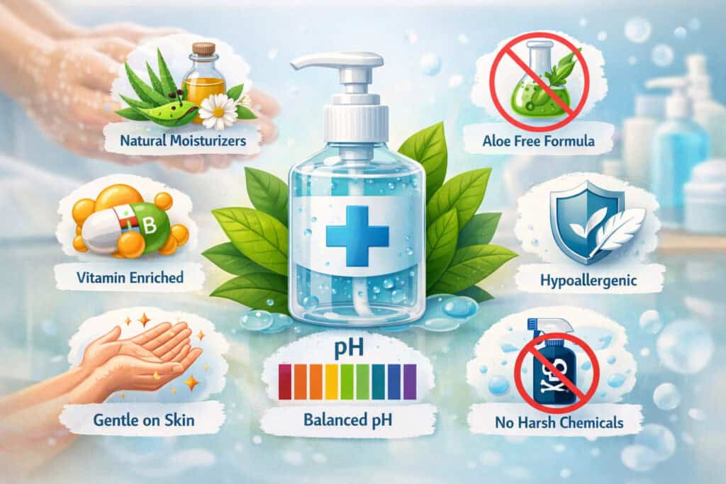 Skin-friendly hand sanitizer illustration featuring moisturizing ingredients, hypoallergenic formula, balanced pH, and gentle no-harsh-chemicals concept