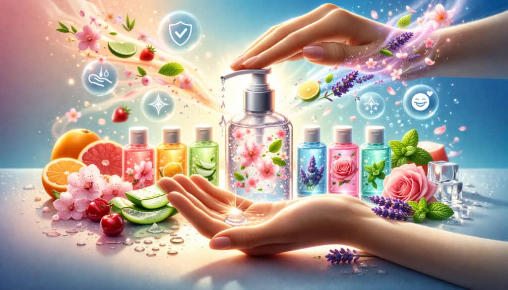 Colorful scented hand sanitizer bottles with floral and fruit elements, illustrating freshness, hygiene, and appealing fragrances