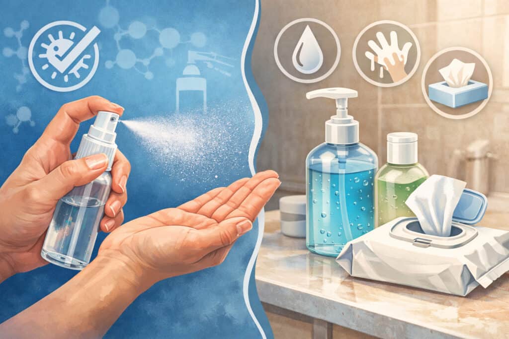 Spray hand sanitizer being applied to hands contrasted with gel sanitizer bottles and disinfectant wipes, illustrating different hand hygiene methods and formats