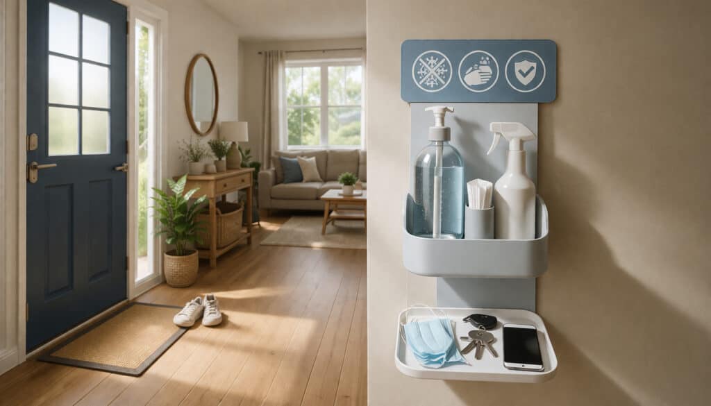 Home entryway sanitizer station with hand sanitizer bottles, face masks, disinfecting wipes, and cleanliness icons in a bright modern living space