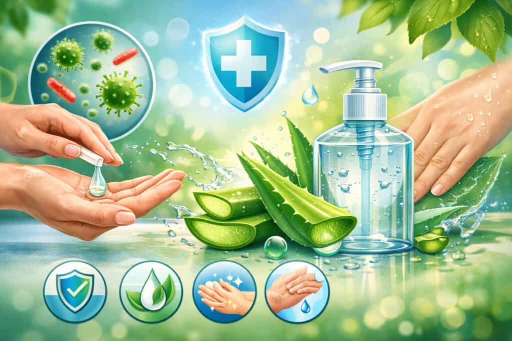 Aloe vera hand sanitizer illustration showing moisturizing gel, germ protection shield, and clean hydrated hands with natural aloe leaves and hygiene icons in background