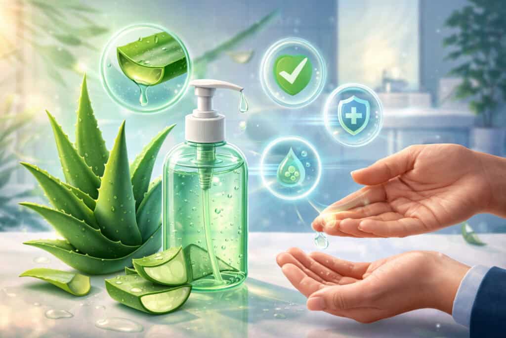 Aloe vera hand sanitizer illustration showing fresh aloe plant, gel extraction, moisturizing sanitizer bottle, and hygiene protection icons in a clean, modern setting