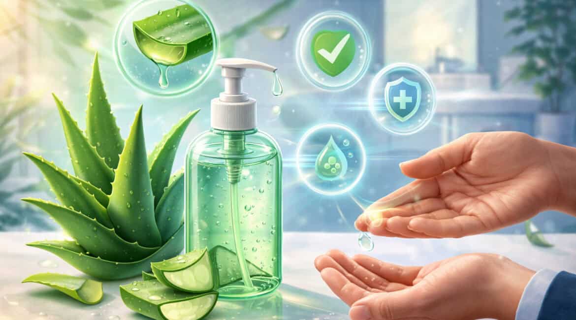 Aloe vera hand sanitizer illustration showing fresh aloe plant, gel extraction, moisturizing sanitizer bottle, and hygiene protection icons in a clean, modern setting
