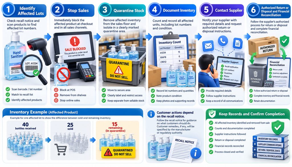Retail hand sanitizer recall response workflow