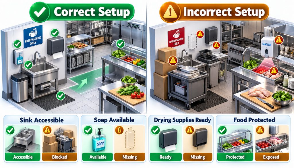 Correct restaurant sanitizer and sink placement